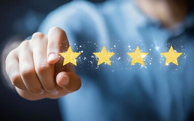 Business person or customer using index finger to point, touch and select a star icon on a virtual screen giving a five star rating for review, service of customer feedback concept. Generative AI