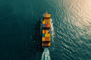 A cargo ship sailing on the water, viewed from above, import and export logistics cargo shipping transportation of goods by container ship on the open sea, cargo ship