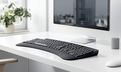 Poster - A black ergonomic keyboard sits on a white desk with a computer monitor, a mouse, and a speaker.