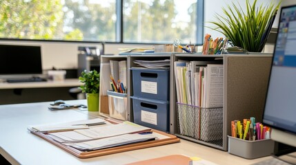 Poster - An office space with paper trays stacked on a desk, holding organized paperwork and stationery. 