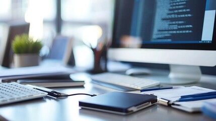 Poster - An external hard drive connected to a computer on a neat office desk with documents and files around. 