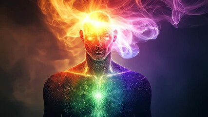 Wall Mural - a person is surrounded by colorful energy, glowing brightly in a digital illustration