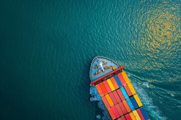 A cargo ship sailing on the water, viewed from above, import and export logistics cargo shipping transportation of goods by container ship on the open sea, cargo ship