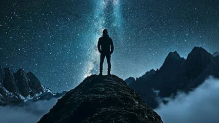 Wall Mural - A lone hiker stands atop a mountain peak, gazing at the Milky Way, a blanket of stars above