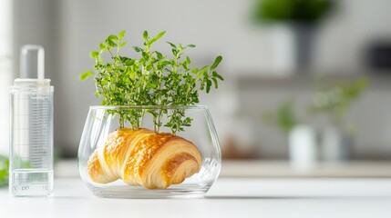 Fresh Baked Croissants and Herbs in a Glass Bowl