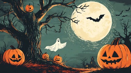 Wall Mural - a halloween scene in vintage folk art style, featuring a full moon, spooky jack-o'-lanterns, and a g
