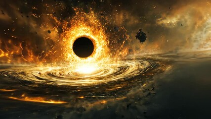 Wall Mural - a black hole pulls in space debris, creating a swirling, fiery spectacle in the vastness of space