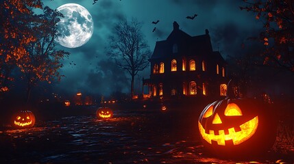Wall Mural - a ghostly halloween night with eerie trees, glowing jack-o'-lanterns, and a spooky house illuminated