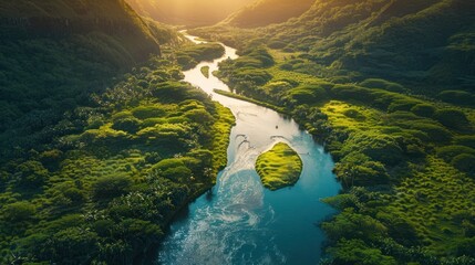 Sticker - Aerial View of a Serene River Winding Through Lush Tropical Landscape