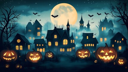 Wall Mural - a vintage halloween night scene with spooky haunted houses, glowing pumpkins, and a ghost under a fu