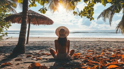 Relaxing on the beach, a woman enjoys the serene ocean view and the beauty of the coastline