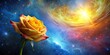 © Prasert - Close-up of a rose emitting yellow divine light in a blue universe with red galaxies in the background