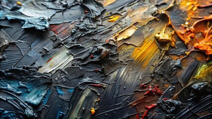 closeup of abstract art painting texture, black, gray, dark, oil brushstroke, pallet knife