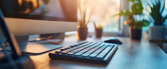 Poster - A close-up of a black keyboard on a wooden desk, with a blurred background of a computer monitor, potted plants, and a window.
