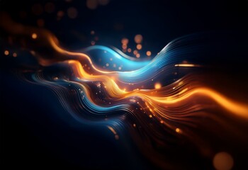 Leinwandbilder - Abstract blue and orange light waves with bokeh and a dark background.
