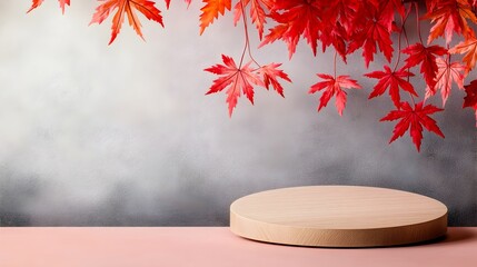 Fototapete - Minimalist wooden round podium displayed on a table with hanging red maple leaves against a steel gray and blush pink background featuring warm tones and a clean