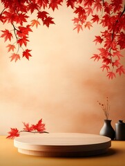 Fototapete - Wooden round podium on a table with red maple leaves in the background showcasing warm terracotta and mustard tones perfect for product photography in a clean simple