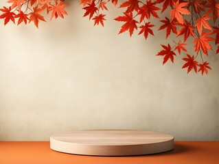 Fototapete - Rustic Autumn Podium A Minimalist Stage for Elevated Product Presentations with Warm Tones Soft Lighting and Natural Maple Leaf Accents