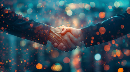 A close-up of two businesspeople shaking hands against a glowing bokeh background, symbolizing partnership, agreement, collaboration, and success in business