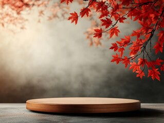Poster - Minimalist and elegant wooden stage or platform on a tabletop with red maple foliage hanging in the background and warm soft lighting creating a product photography scene