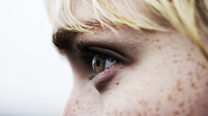 A woman with short blonde hair looks away from the camera with her eyes glistening with unshed tears, her expression one of silent sorrow, against a white background for emotional impact.