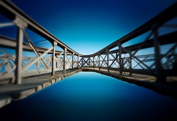 Poster - a metal bridge stretches across a bright blue sky. the bridge is reflected in the water below.