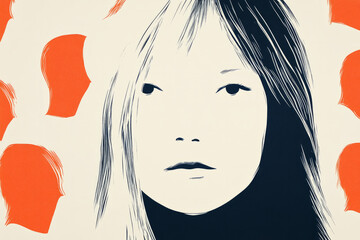 Wall Mural - A girl with a black and white face is in the center of a colorful background