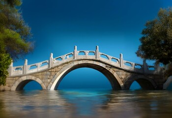 Aufkleber - A stone arch bridge over calm water, with trees on each side and a blue sky above.
