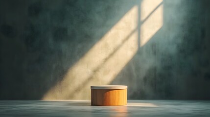 Fototapete - Modern minimalist 3D studio room setting with neutral gray walls and floors centered empty product podium soft window shadow on countertop and natural sunlight illuminating the lighting and textures