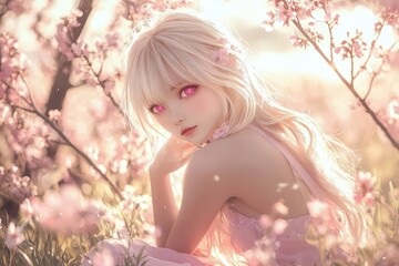 Poster - a girl with pink eyes sitting in a field of flowers