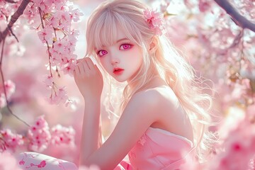 Wall Mural - a girl in a pink dress sitting in a tree with pink flowers