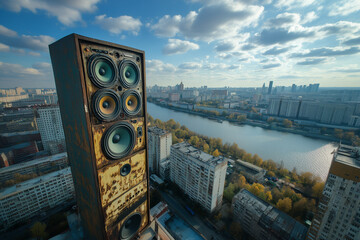 Giant powerful speaker amidst city buildings background..