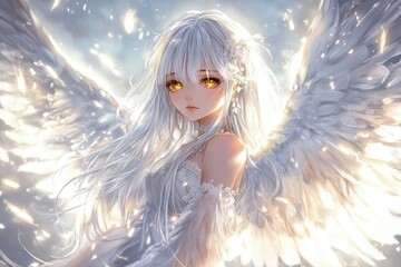 Sticker - a white angel with yellow eyes and white wings