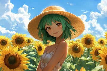 Poster - a woman in a sunflower field wearing a straw hat