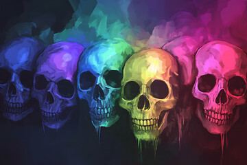 Wall Mural - A vibrant illustration of colorful skulls arranged in a row, blending art and symbolism.