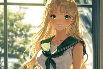 Canvas Print - a anime girl with long blonde hair and green eyes