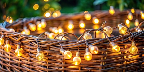 close-up of modern garden decorative fairy lights in wood wicker