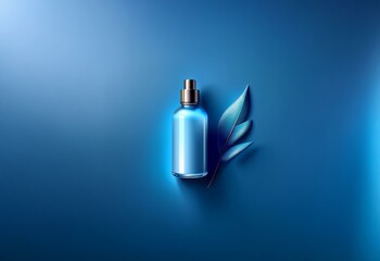 Poster - Blue background with a glass bottle and a leaf.