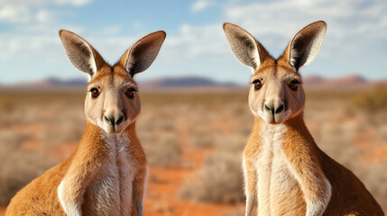 Two kangaroos standing in a dry, arid landscape under a blue sky, showcasing their unique features and natural habitat.