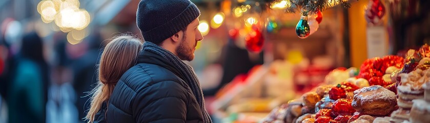 Couple Browsing Christmas Market Stalls with Festive Decorations and Treats