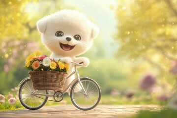 Sticker - a teddy bear riding a bike with a basket full of flowers