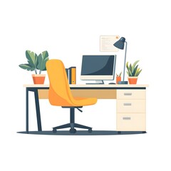 Poster - Modern Home Office Desk with Computer  Chair  Plants and Lamp