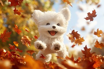 Canvas Print - a small white dog flying through a forest filled with leaves