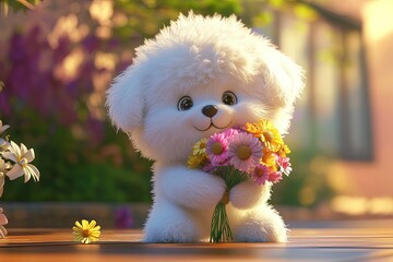 Canvas Print - a white teddy bear holding a bunch of flowers