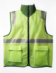 Lime green safety vest; reflective strips; two pockets; dark green collar; zipped; no people;  safety; workwear.