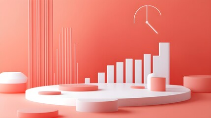 Poster - Abstract Coral Pink and White Geometric Shapes with Clock