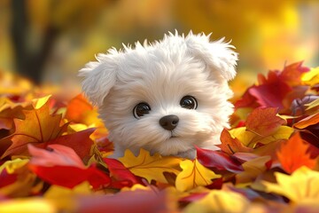 Poster - a small white dog surrounded by autumn leaves