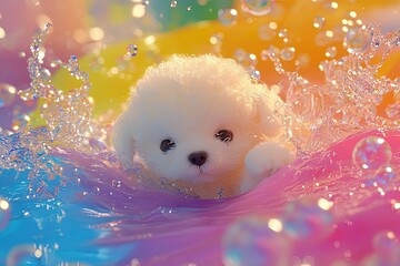 Poster - a small white dog floating in a pool of water