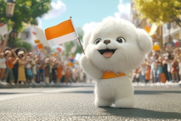 Poster - a small white dog holding a flag in the middle of a street