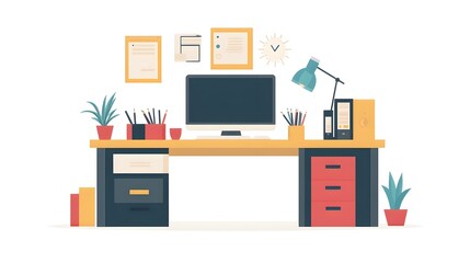 Poster - Modern Office Desk with Computer  Lamp  and Plants